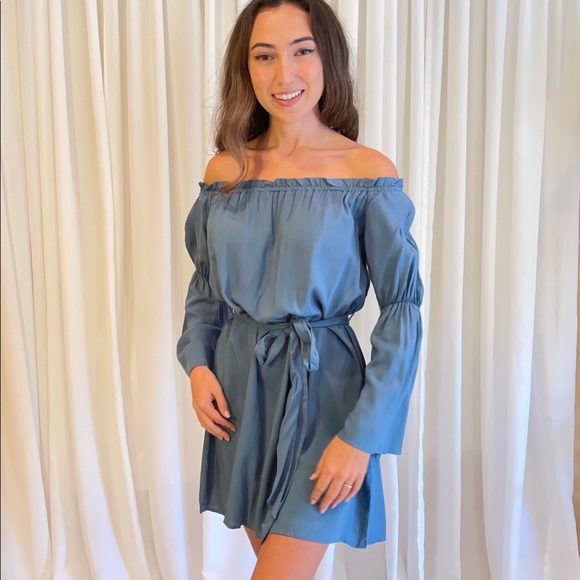 Dusty Blue Bell Sleeve Off the Shoulder - Picture 2 of 5